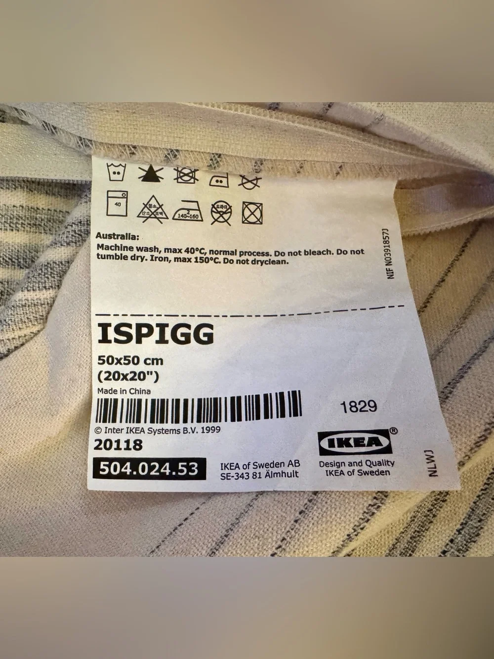 (Set/2) IKEA Cotton ISPIGG Yarn-Dyed 20x20 Pillow Covers Natural w/Blue Stripe